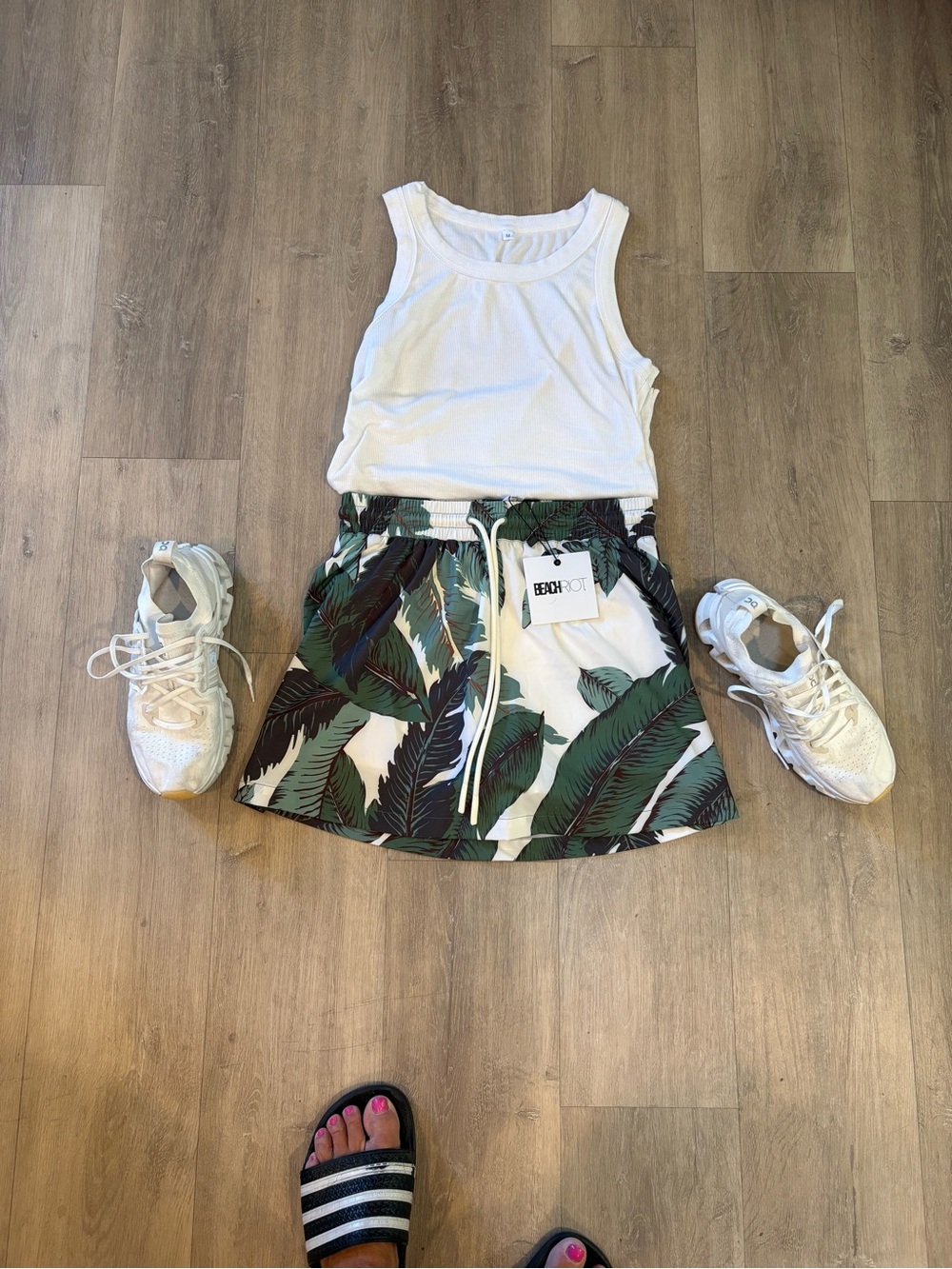 Beach Riot White Skirt with Green Palm Print and Drawstring